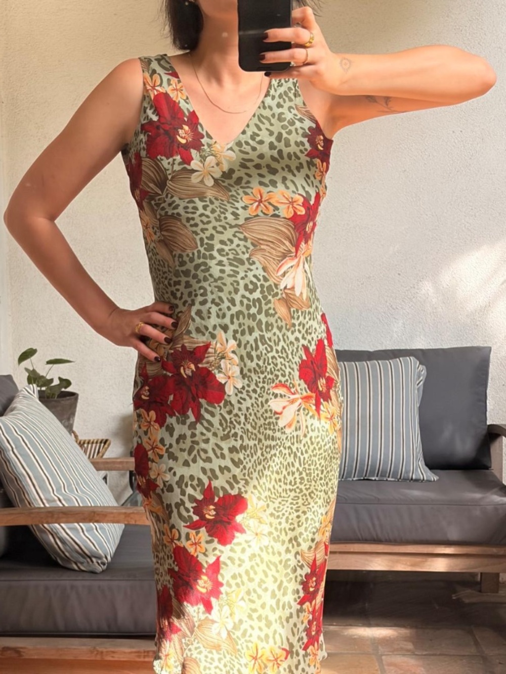 Vintage animal print floral silk midi dress